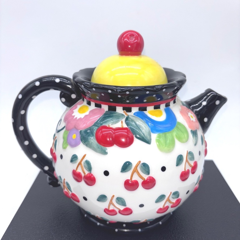 Brownlow Mary Engelbreit Cherry Floral Polka Dot Cottagecore Ceramic‎ Teapot
